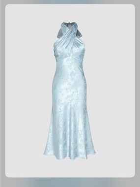 (New) Cider Light Blue Satin Halter Midi Dress Cider Floral Halter Midi Dress